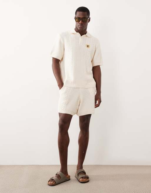 ASOS DESIGN – Naturvit, flätstickad pikétröja med avslappnad passform och broderi, del av set, 2 av 5