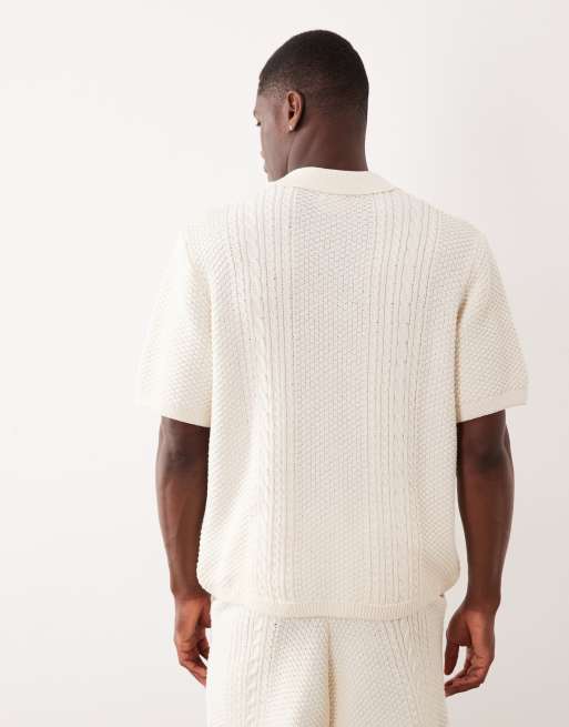 ASOS DESIGN – Naturvit, flätstickad pikétröja med avslappnad passform och broderi, del av set, 5 av 5