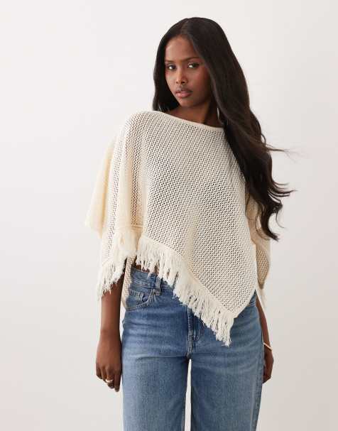 ASOS DESIGN – Naturvit, hålstickad cape med fransar - view 1
