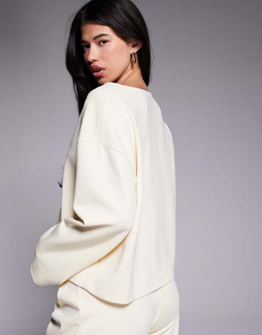 ASOS DESIGN – Naturvit, kort kofta med v-ringning och långa ärmar, del av set, 4 av 4