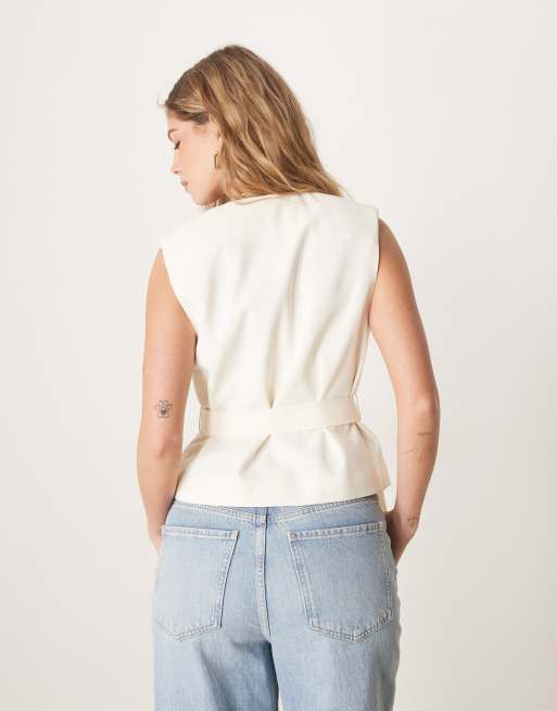 ASOS DESIGN – Naturvit kostymväst i linnestil med knytning, 4 av 4