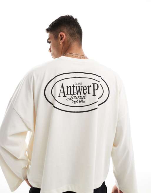 ASOS DESIGN – Naturvit, långärmad t-shirt i oversize med boxig passform och tryck baktill
