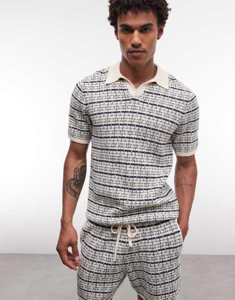 ASOS DESIGN – Naturvit, marinblårandig, stickad pikétröja, del av set - view 1