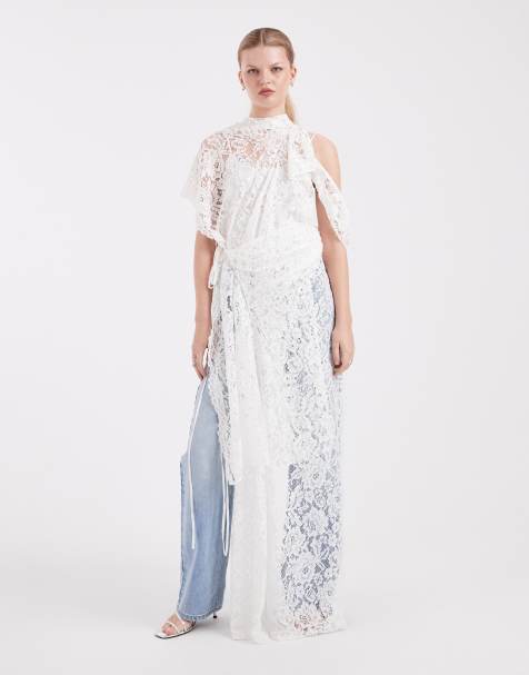 ASOS DESIGN – Naturvit maxiklänning med knytning i sidan och hög krage i spets - view 1