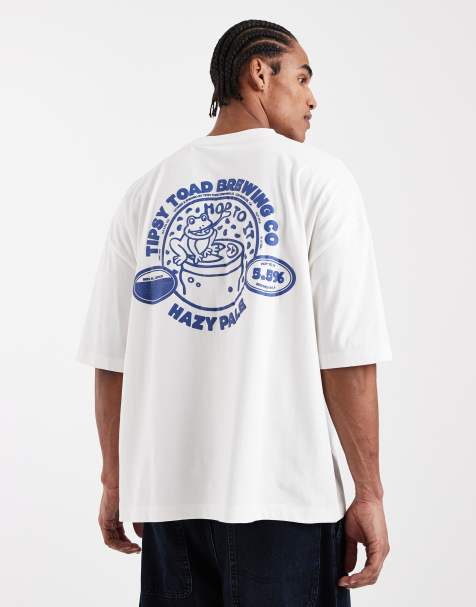 ASOS DESIGN – Naturvit och blå t-shirt i oversize med blekt tryck med text - view 1