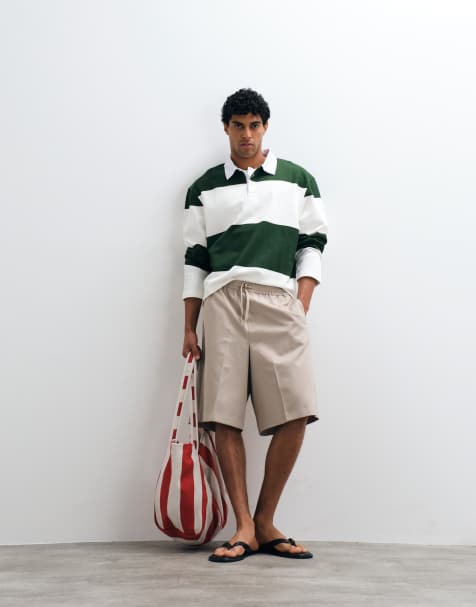 ASOS DESIGN – Naturvit- och grönrandig rugbytröja i oversized fit - view 1