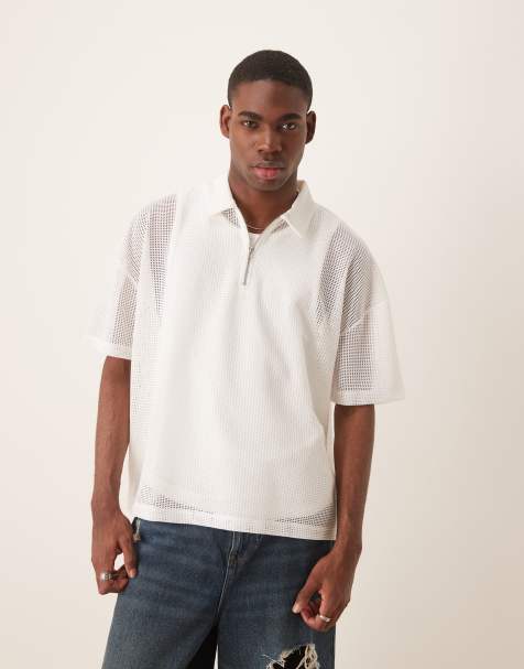 ASOS DESIGN – Naturvit, oversize pikétröja i hålstickad mesh med sänkt axelsöm, boxig passform och blixtlås - view 1