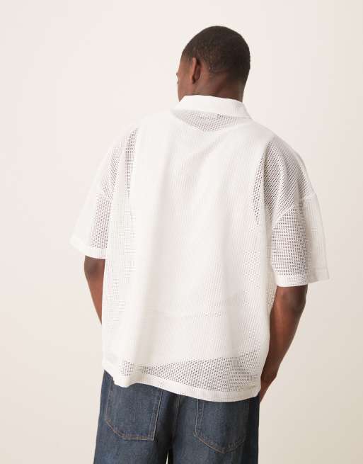 ASOS DESIGN – Naturvit, oversize pikétröja i hålstickad mesh med sänkt axelsöm, boxig passform och blixtlås , 4 av 4