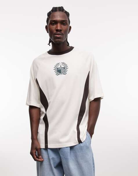 ASOS DESIGN – Naturvit, panelsydd t-shirt i oversize med boxig passform och sportigt tryck - view 1