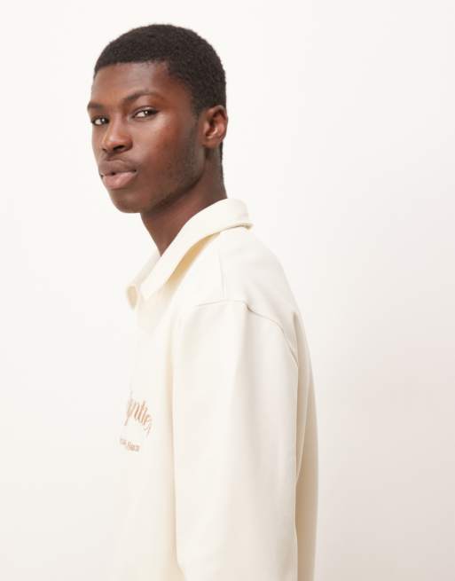 ASOS DESIGN – Naturvit pikétröja i oversize med platt krage och broderi, 4 av 5
