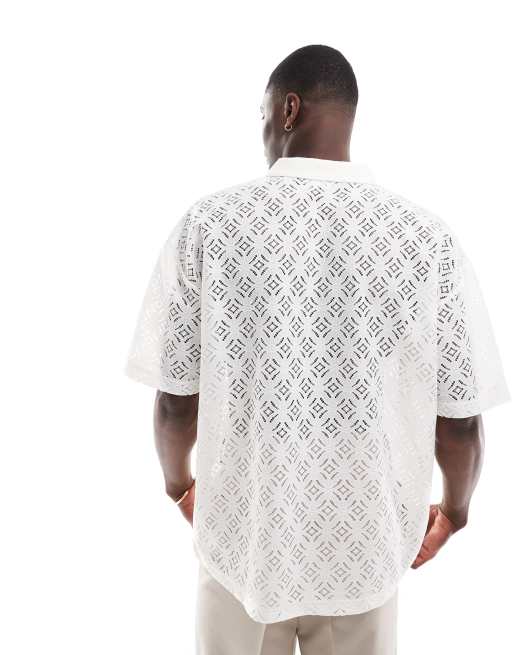 ASOS DESIGN – Naturvit pikétröja i oversize med virkad struktur och platt krage, 4 av 5