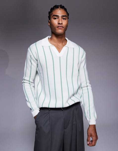 ASOS DESIGN – Naturvit, randig och stickad pikétröja i relaxed fit med notchkrage - view 1