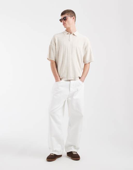 ASOS DESIGN – Naturvit, ribbstickad pikétröja i oversize med korta ärmar, 4 av 5