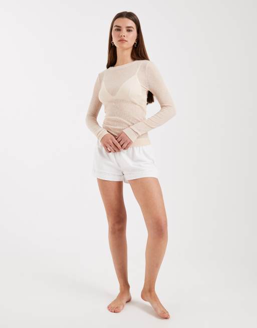 ASOS DESIGN – Naturvit, skir, ribbad pyjamastopp med långa ärmar, 2 av 4