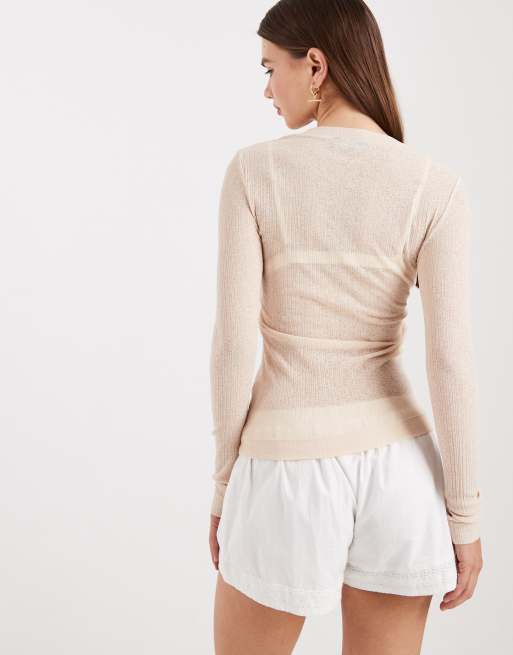 ASOS DESIGN – Naturvit, skir, ribbad pyjamastopp med långa ärmar, 4 av 4
