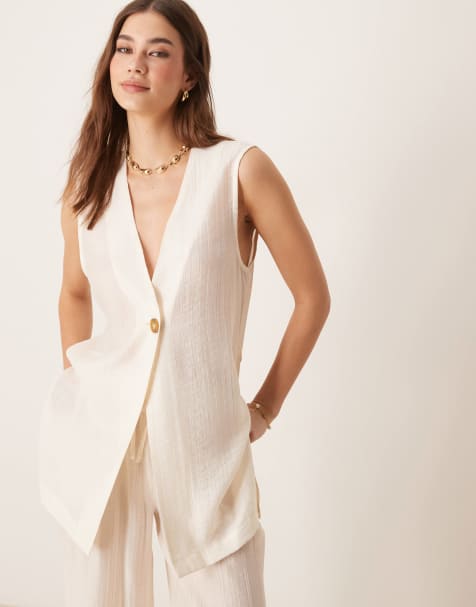 ASOS DESIGN – Naturvit, skir, texturerad kostymväst i lång modell, del av set - view 1
