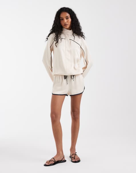 ASOS DESIGN – Naturvit, sportig jacka med rand och ståkrage i satin - view 1