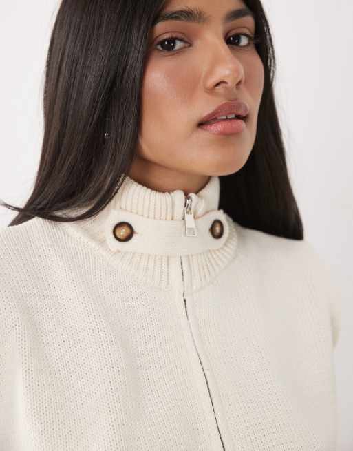 ASOS DESIGN – Naturvit, stickad jacka i bomullsmix med ståkrage och dragkedja, 3 av 4