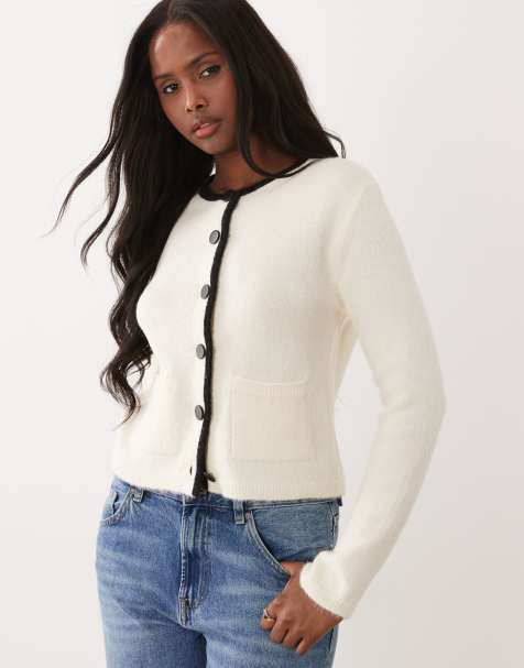 ASOS DESIGN – Naturvit, stickad kofta med kantränder - view 1