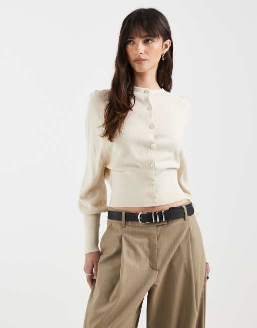 ASOS DESIGN – Naturvit, stickad kofta med markerad midja och ballongärmar, 2 av 4