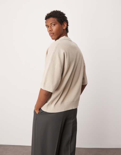 ASOS DESIGN – Naturvit, stickad pikétröja i oversize med sprund vid halsen, 2 av 4