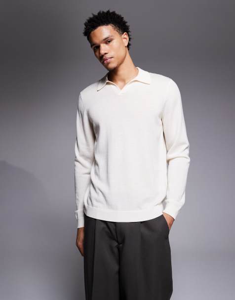 ASOS DESIGN – Naturvit, stickad pikétröja i ren merinoull med långa ärmar, krage och sprund vid halsen - view 1