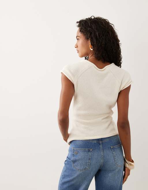 ASOS DESIGN – Naturvit, stickad t-shirt i bomullsmix med raglanärmar, 4 av 4