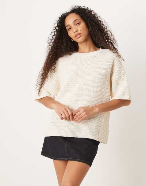 ASOS DESIGN – Naturvit, stickad t-shirt med avslappnad passform - view 1