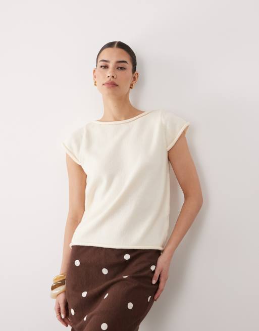 ASOS DESIGN – Naturvit, stickad t-shirt med upprullade kanter, 2 av 4
