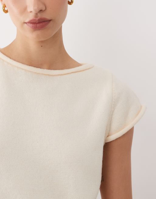 ASOS DESIGN – Naturvit, stickad t-shirt med upprullade kanter, 3 av 4