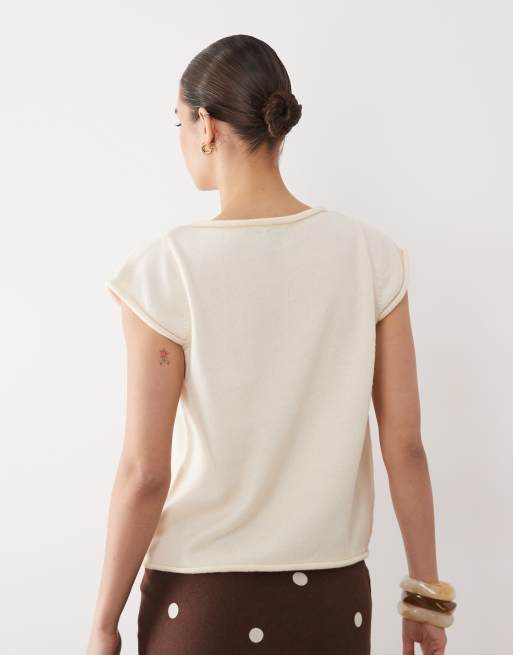 ASOS DESIGN – Naturvit, stickad t-shirt med upprullade kanter, 4 av 4