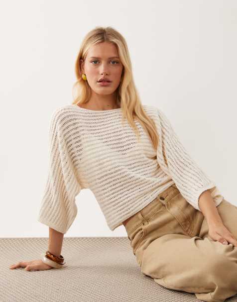 ASOS DESIGN – Naturvit, stickad topp i bomullsbouclé med pingvinärmar - view 1