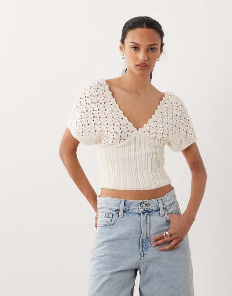 ASOS DESIGN – Naturvit, stickad topp med djup ringning och indragning - view 1