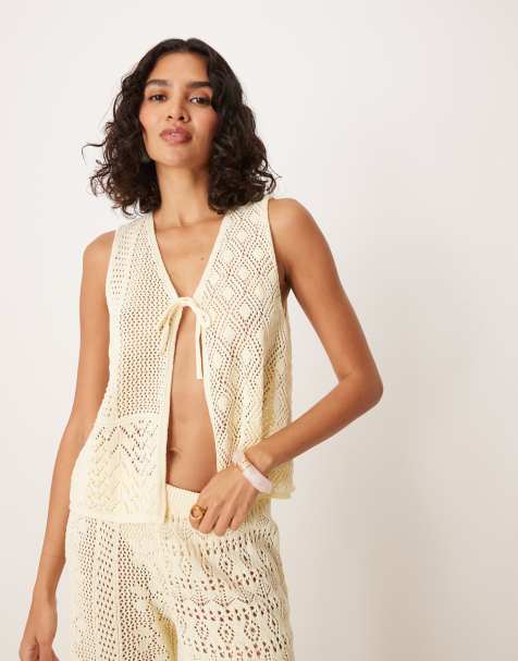 ASOS DESIGN – Naturvit, stickad topp med knytband framtill, del av set - view 1