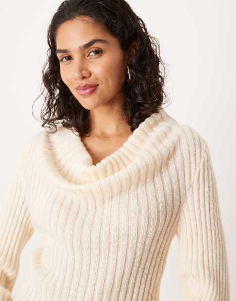 ASOS DESIGN – Naturvit, stickad tröja med draperad halsringning - view 1