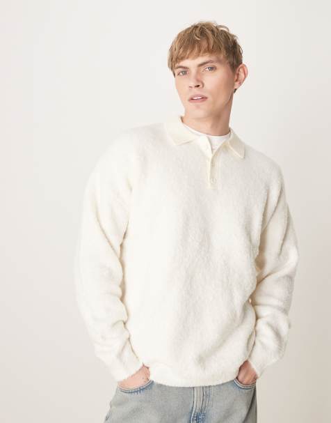 ASOS DESIGN – Naturvit, strukturstickad rugbytröja med pikékrage och avslappnad passform - view 1