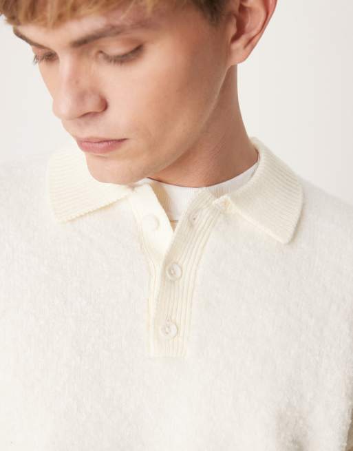 ASOS DESIGN – Naturvit, strukturstickad rugbytröja med pikékrage och avslappnad passform, 3 av 4