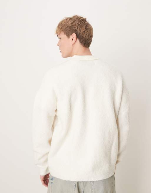 ASOS DESIGN – Naturvit, strukturstickad rugbytröja med pikékrage och avslappnad passform, 4 av 4