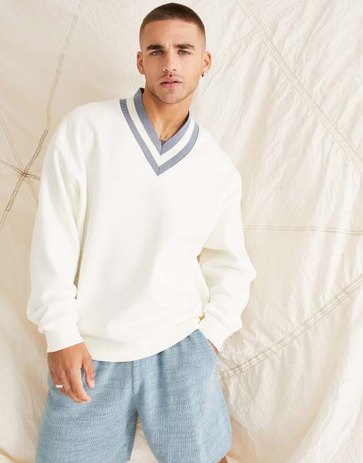 ASOS DESIGN – Naturvit sweatshirt i oversize med v-ringning och kantränder, del av set