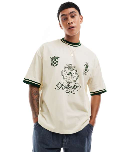 ASOS DESIGN – Naturvit t-shirt i oversized fit med fotbollstryck - view 1