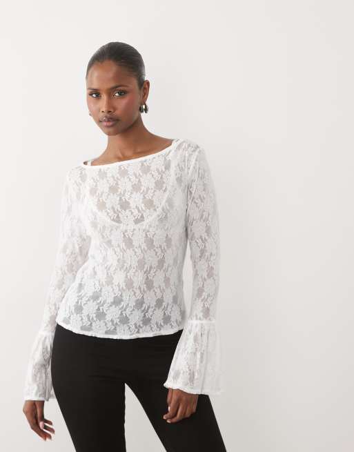 ASOS DESIGN – Naturvit topp i skir spets med utställda ärmslut, 4 av 4