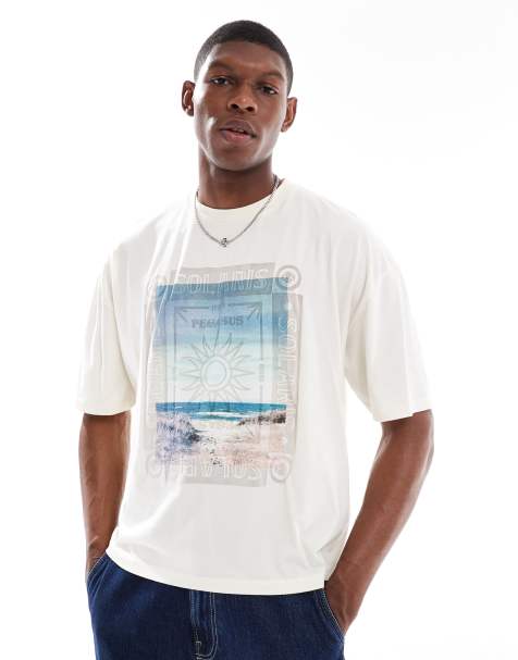 ASOS DESIGN – Naturvit, tvättad och boxig t-shirt i oversize med sommartryck - view 1