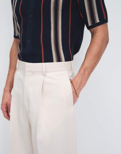 ASOS DESIGN – Naturvita finbyxor med vida ben och veck, 3 av 7