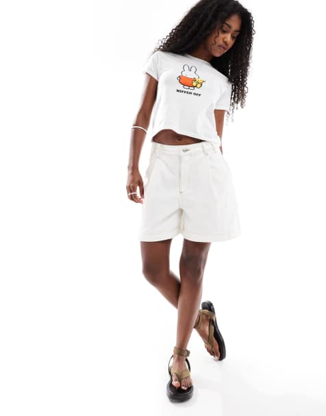 ASOS DESIGN – Naturvita jeansshorts i dad-modell med veck framtill - view 1