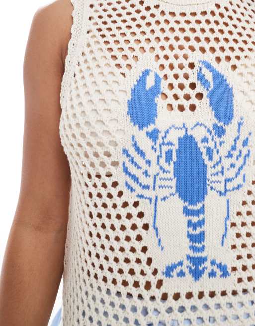 ASOS DESIGN – Naturvitt, stickat linne med blått hummermotiv, 4 av 4