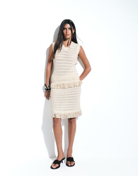 ASOS DESIGN – Naturvitt, virkat set med fransar - view 1