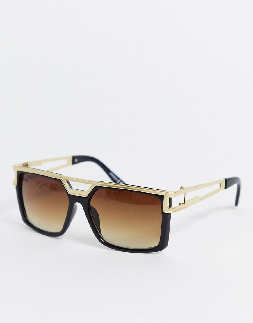 ASOS DESIGN – Navigator – briller med lige overkant i mat sort med guldfarvet kant- og stangdetajle