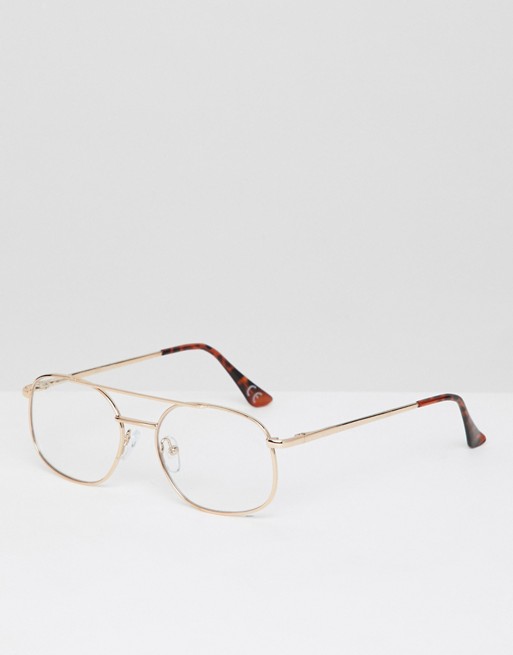 ASOS DESIGN navigator glasses in gold with clear lens
