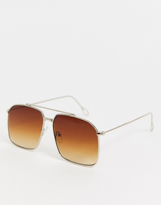 ASOS DESIGN 70s navigator sunglasses in gold metal with brown grad lens