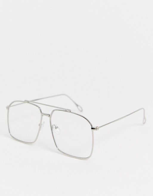 ASOS DESIGN navigator fashion glasses in silver metal with clear lenses